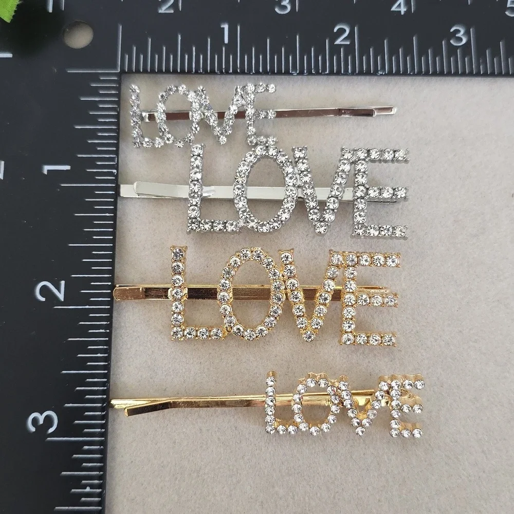 Rhinestone LOVE Bobby Pins In Gold And Silver